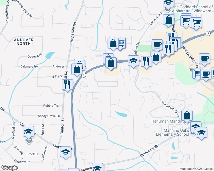 map of restaurants, bars, coffee shops, grocery stores, and more near 1110 Winthrope Chase Drive in Alpharetta