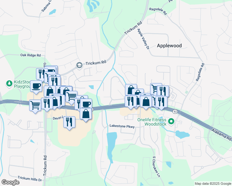 map of restaurants, bars, coffee shops, grocery stores, and more near 709 Weatherstone Trce in Woodstock