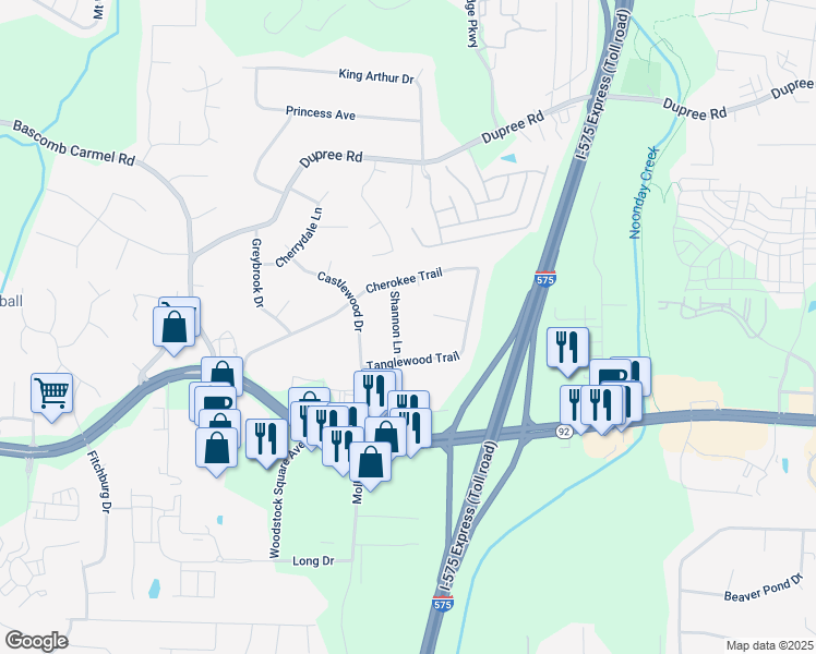 map of restaurants, bars, coffee shops, grocery stores, and more near 755 Shannon Lane in Woodstock