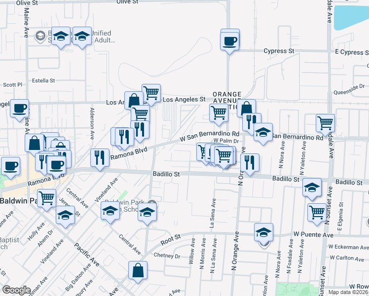 map of restaurants, bars, coffee shops, grocery stores, and more near 15271 Adams Drive in Baldwin Park