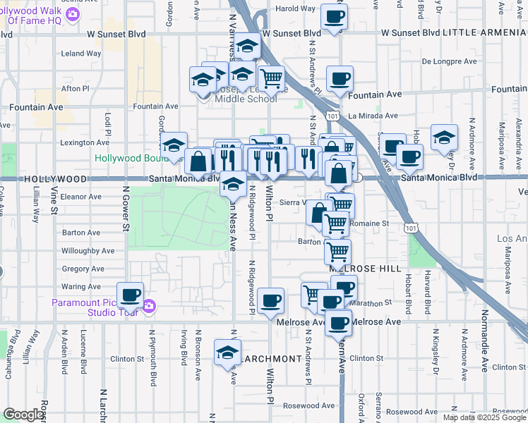 map of restaurants, bars, coffee shops, grocery stores, and more near 1023 North Wilton Place in Los Angeles