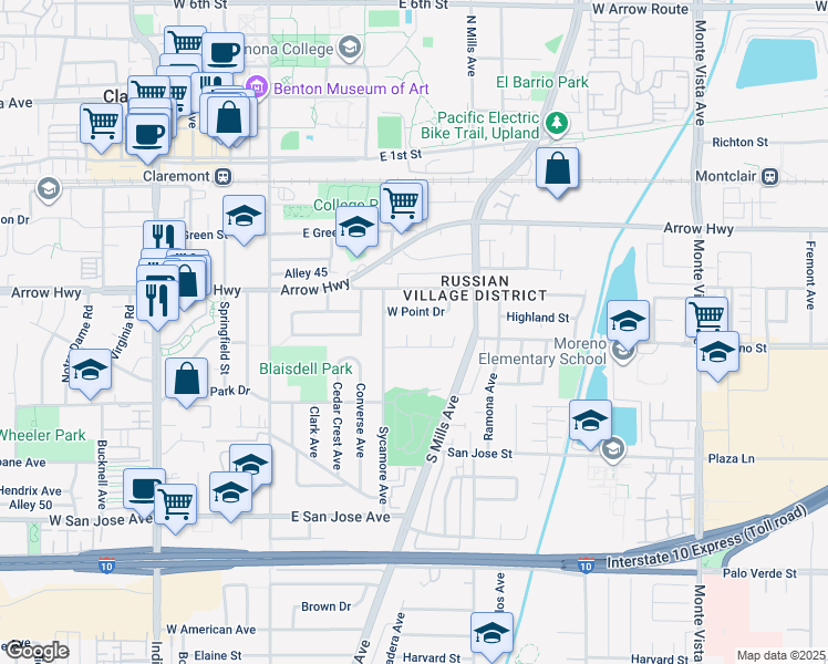 map of restaurants, bars, coffee shops, grocery stores, and more near 376 Utah Court in Claremont