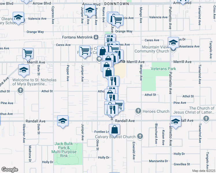 map of restaurants, bars, coffee shops, grocery stores, and more near 9068 Sierra Avenue in Fontana