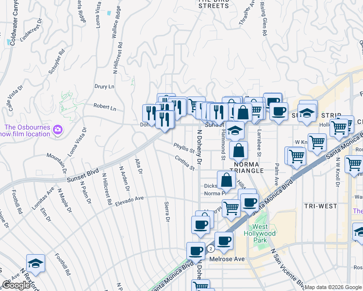 map of restaurants, bars, coffee shops, grocery stores, and more near 9171 Phyllis Street in West Hollywood