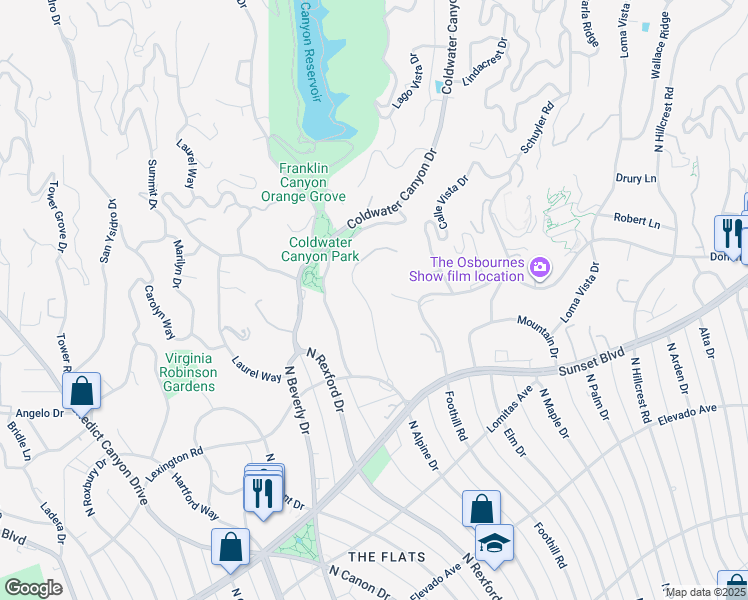 map of restaurants, bars, coffee shops, grocery stores, and more near 952 North Alpine Drive in Beverly Hills