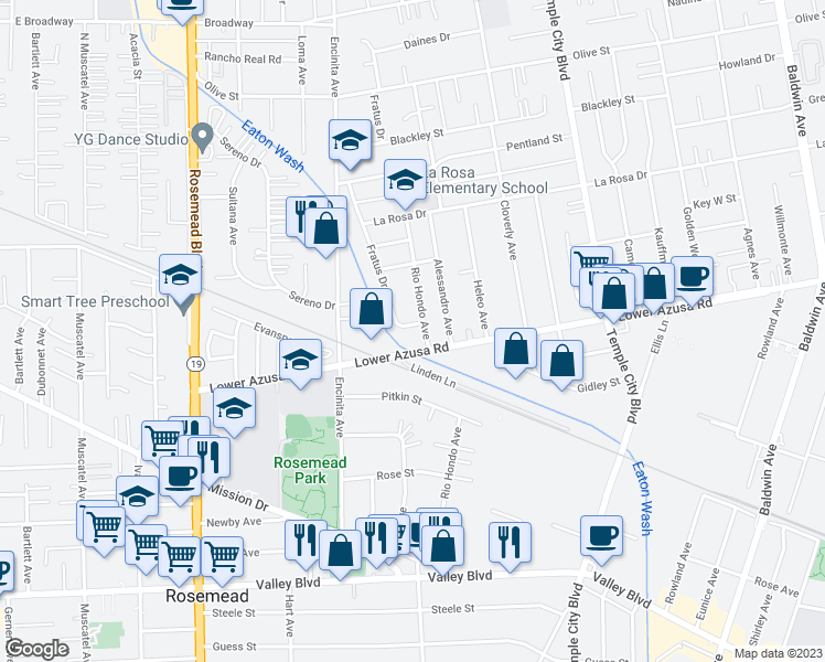 map of restaurants, bars, coffee shops, grocery stores, and more near 4825 Rio Hondo Avenue in Temple City