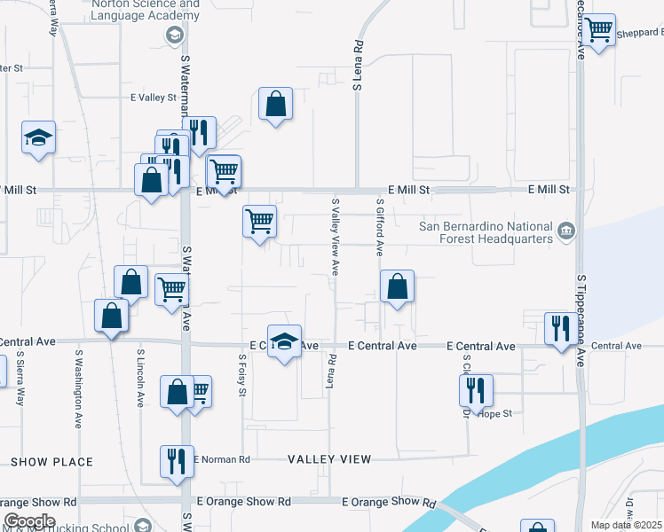 map of restaurants, bars, coffee shops, grocery stores, and more near 640 South Valley View Avenue in San Bernardino
