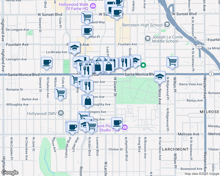 map of restaurants, bars, coffee shops, grocery stores, and more near 6021 Romaine Street in Los Angeles