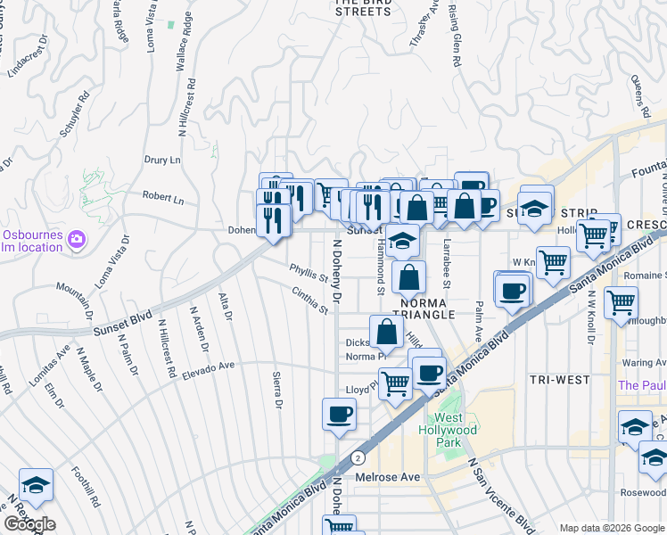 map of restaurants, bars, coffee shops, grocery stores, and more near in West Hollywood
