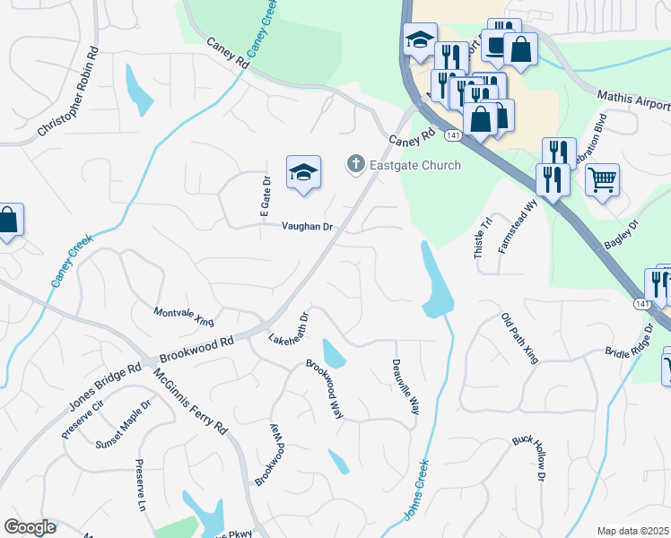 map of restaurants, bars, coffee shops, grocery stores, and more near 3685 Bardfield Court in Cumming