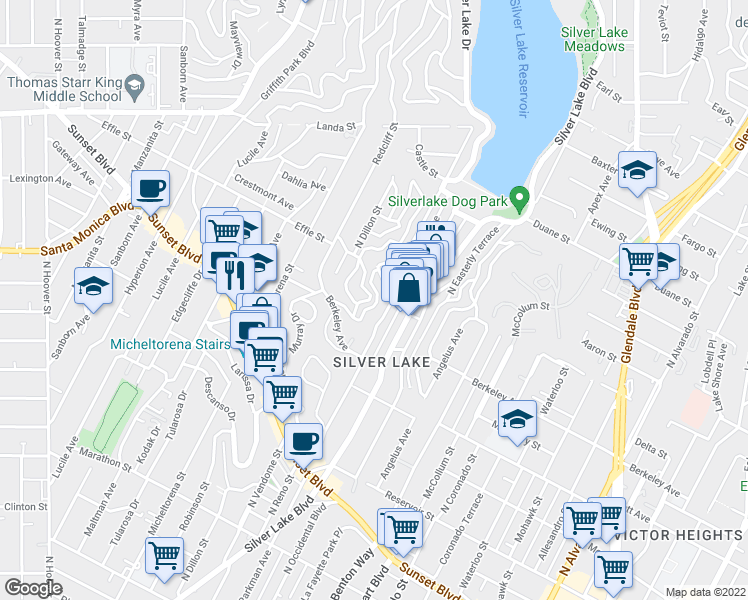 map of restaurants, bars, coffee shops, grocery stores, and more near 1638 Rotary Drive in Los Angeles