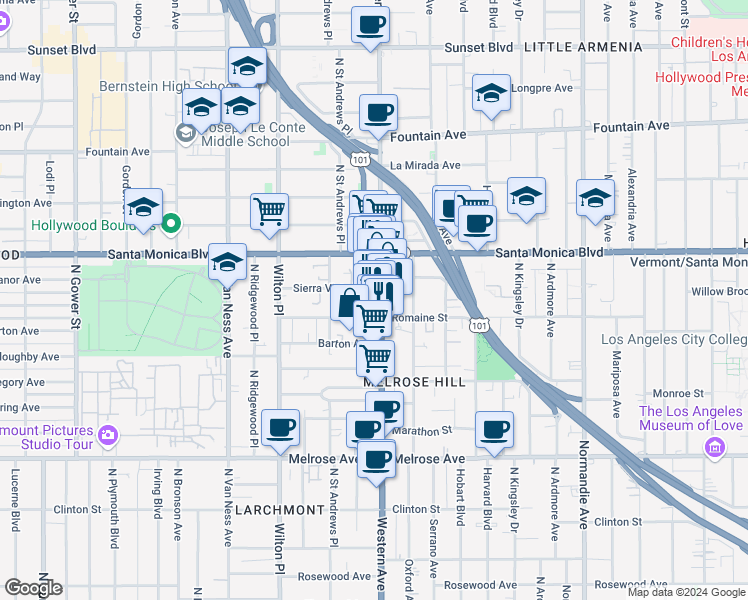 map of restaurants, bars, coffee shops, grocery stores, and more near 1011 North Western Avenue in Los Angeles