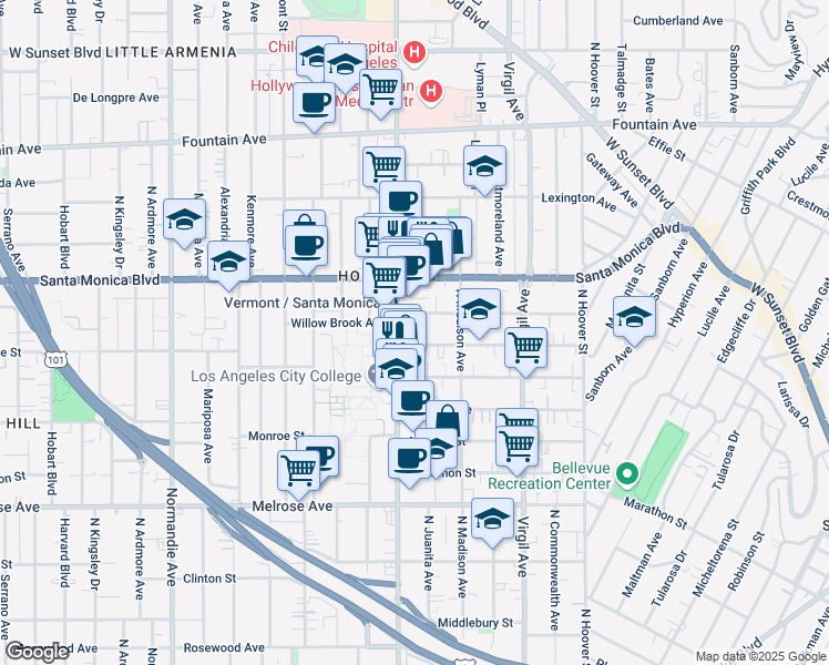 map of restaurants, bars, coffee shops, grocery stores, and more near 4451 Lockwood Avenue in Los Angeles