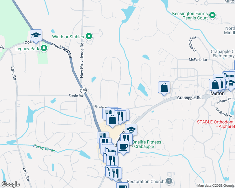 map of restaurants, bars, coffee shops, grocery stores, and more near 150 Brookeivey Lane in Alpharetta