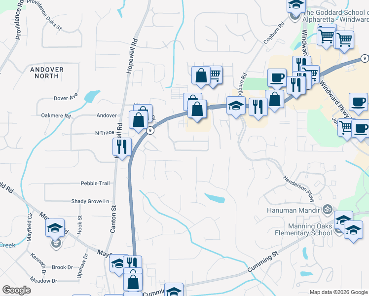 map of restaurants, bars, coffee shops, grocery stores, and more near 1080 Winthrope Chase Drive in Alpharetta