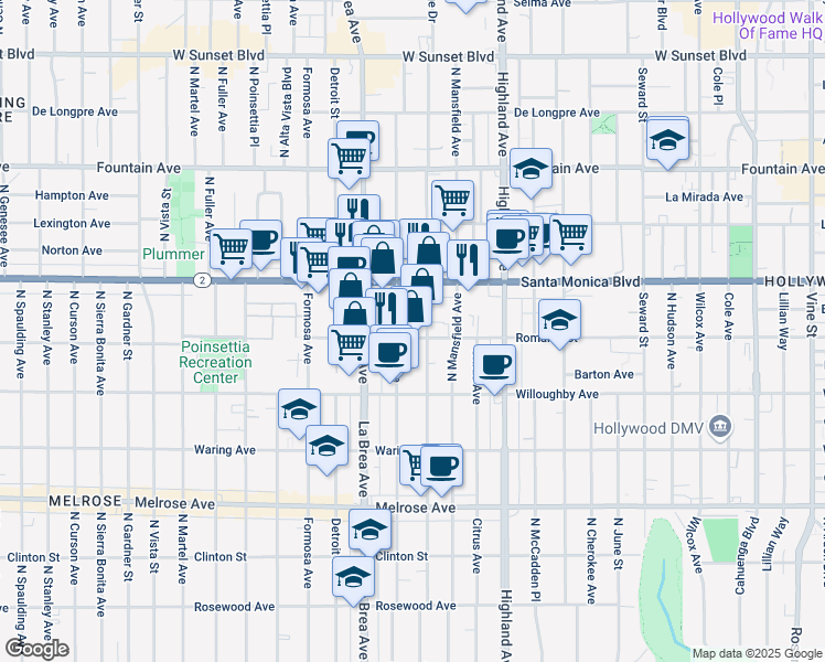 map of restaurants, bars, coffee shops, grocery stores, and more near 7045 Romaine Street in West Hollywood