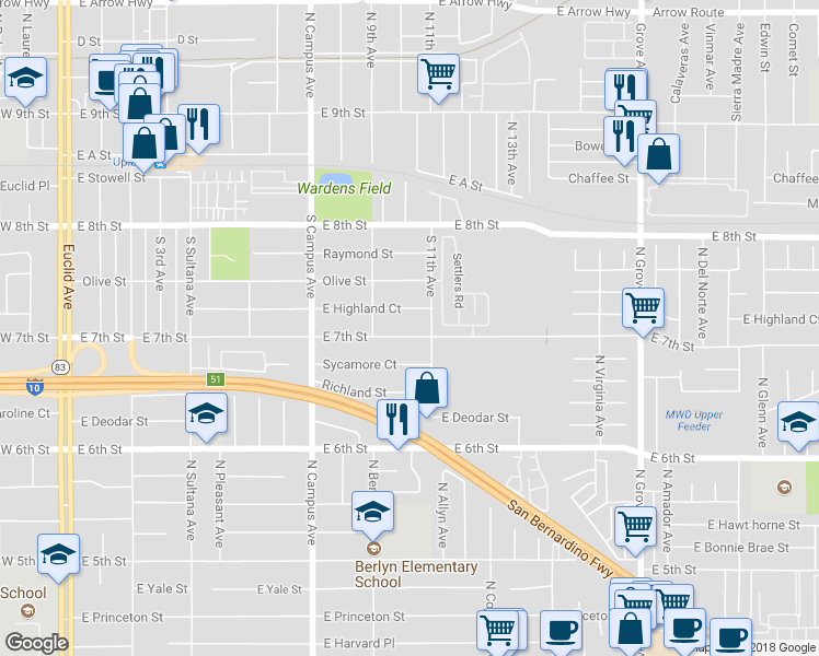 map of restaurants, bars, coffee shops, grocery stores, and more near 1023 East 7th Street in Upland