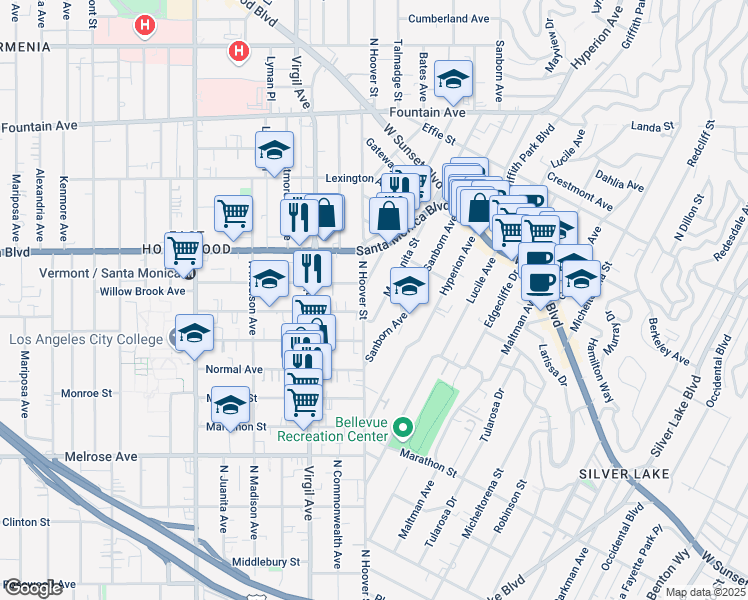 map of restaurants, bars, coffee shops, grocery stores, and more near 915 Manzanita Street in Los Angeles