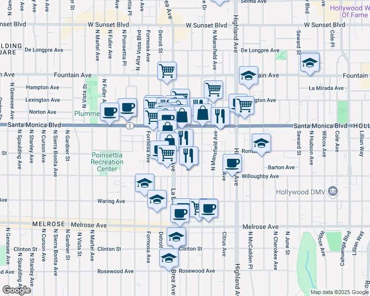 map of restaurants, bars, coffee shops, grocery stores, and more near 7045 Romaine Street in West Hollywood