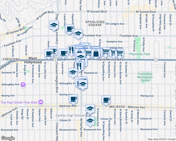 map of restaurants, bars, coffee shops, grocery stores, and more near 1001 North Orange Grove Avenue in West Hollywood