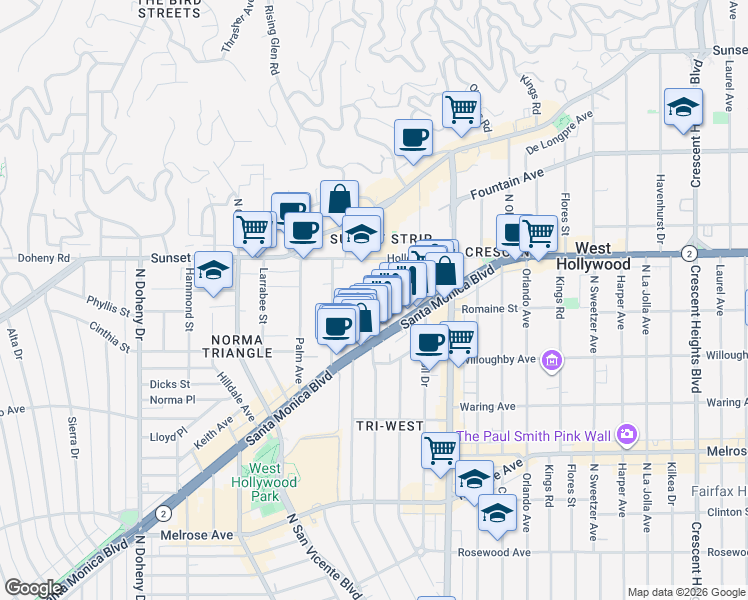map of restaurants, bars, coffee shops, grocery stores, and more near West Knoll Drive in West Hollywood