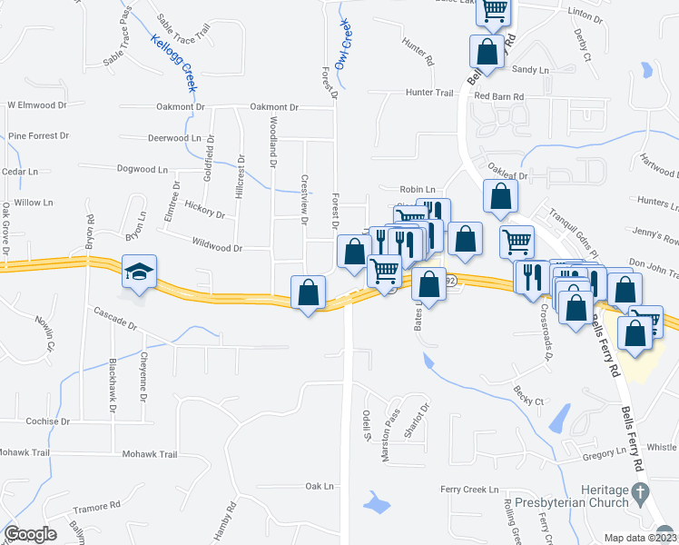 map of restaurants, bars, coffee shops, grocery stores, and more near 5544 Forest Drive in Acworth