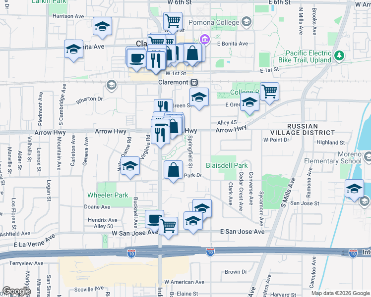map of restaurants, bars, coffee shops, grocery stores, and more near 405 Saint Augustine Avenue in Claremont