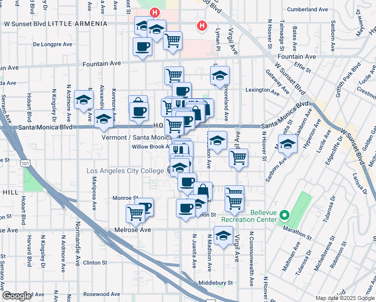 map of restaurants, bars, coffee shops, grocery stores, and more near 954 North Vermont Avenue in Los Angeles