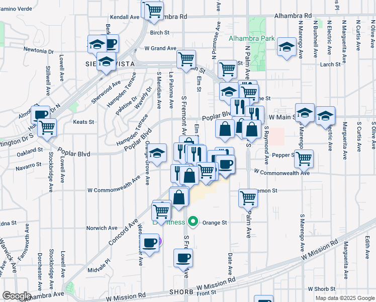 map of restaurants, bars, coffee shops, grocery stores, and more near 438 South Fremont Avenue in Alhambra