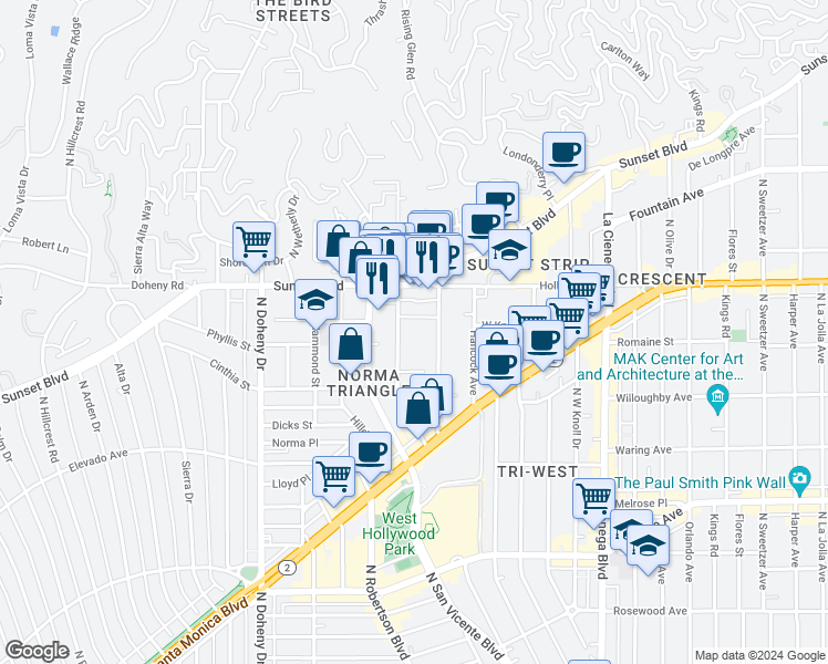 map of restaurants, bars, coffee shops, grocery stores, and more near 968 Larrabee Street in West Hollywood