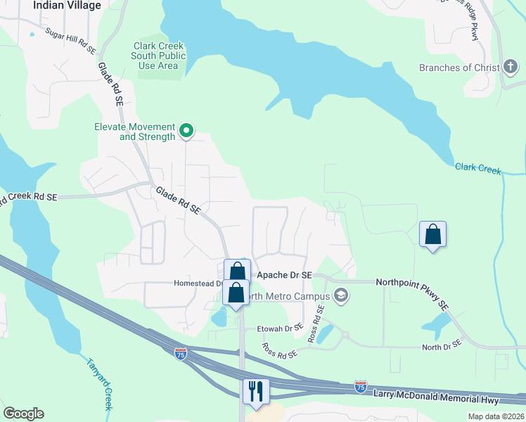 map of restaurants, bars, coffee shops, grocery stores, and more near 217 Kiowa Court Southeast in Acworth