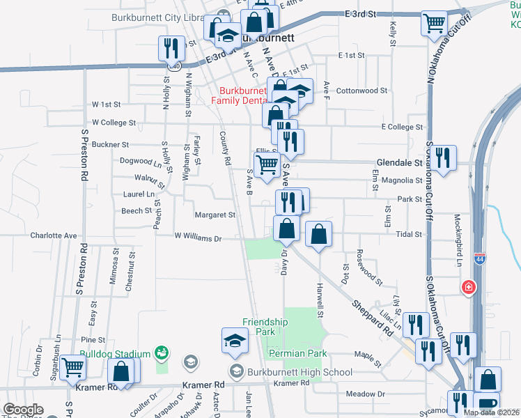 map of restaurants, bars, coffee shops, grocery stores, and more near 304 Morning Drive in Burkburnett