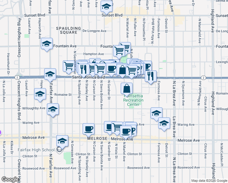 map of restaurants, bars, coffee shops, grocery stores, and more near in West Hollywood
