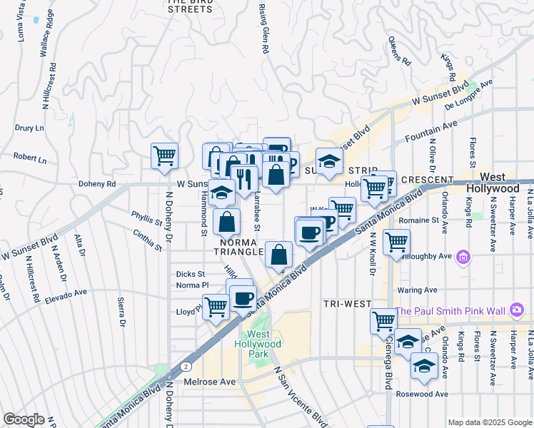 map of restaurants, bars, coffee shops, grocery stores, and more near 965 Larrabee Street in West Hollywood