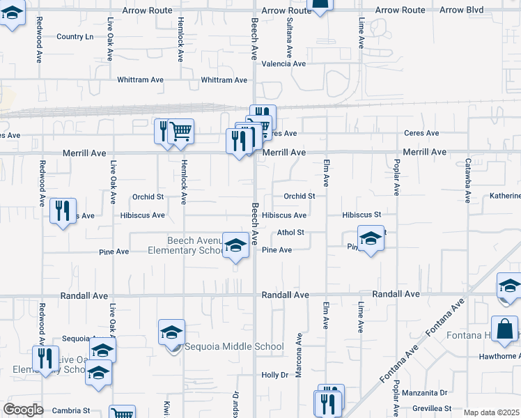 map of restaurants, bars, coffee shops, grocery stores, and more near 9059 Beech Avenue in Fontana