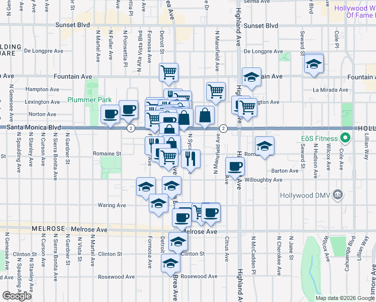 map of restaurants, bars, coffee shops, grocery stores, and more near 1011 North Sycamore Avenue in Los Angeles
