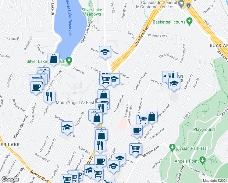 map of restaurants, bars, coffee shops, grocery stores, and more near 2150 Duane Street in Los Angeles