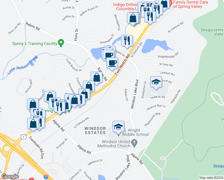 map of restaurants, bars, coffee shops, grocery stores, and more near 9701 South Chelsea Road in Columbia