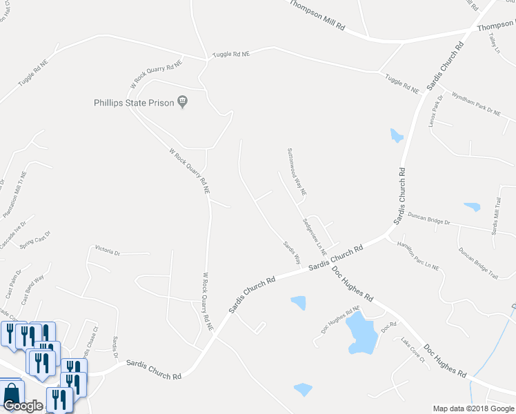 map of restaurants, bars, coffee shops, grocery stores, and more near 2646 Sardis Way in Buford