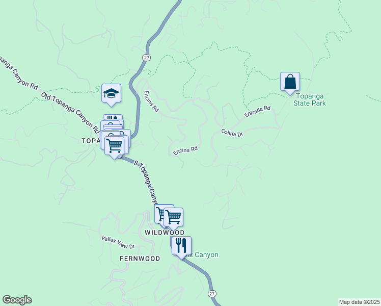 map of restaurants, bars, coffee shops, grocery stores, and more near 21476 Encina Road in Topanga