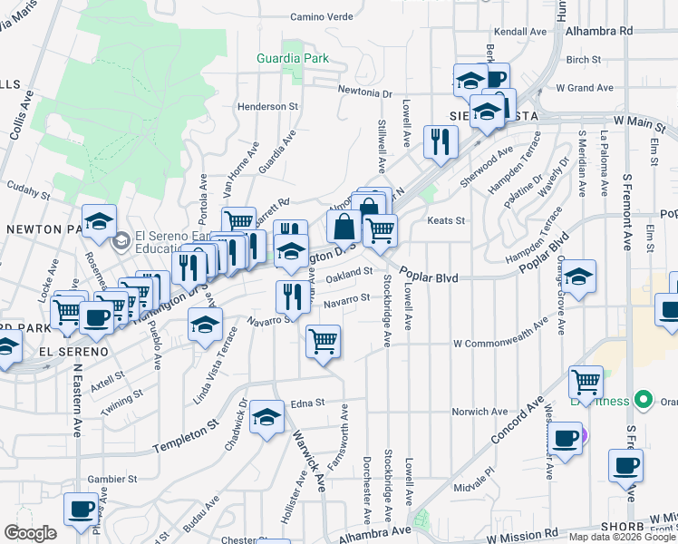 map of restaurants, bars, coffee shops, grocery stores, and more near 5343 Oakland Street in Los Angeles