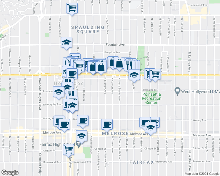 map of restaurants, bars, coffee shops, grocery stores, and more near 1013 North Curson Avenue in West Hollywood