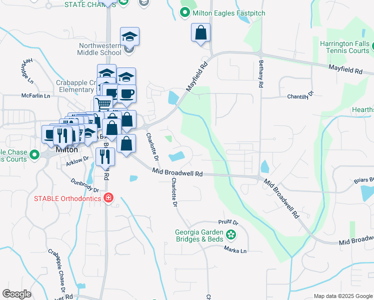 map of restaurants, bars, coffee shops, grocery stores, and more near 1070 Saint Michelle Drive in Alpharetta