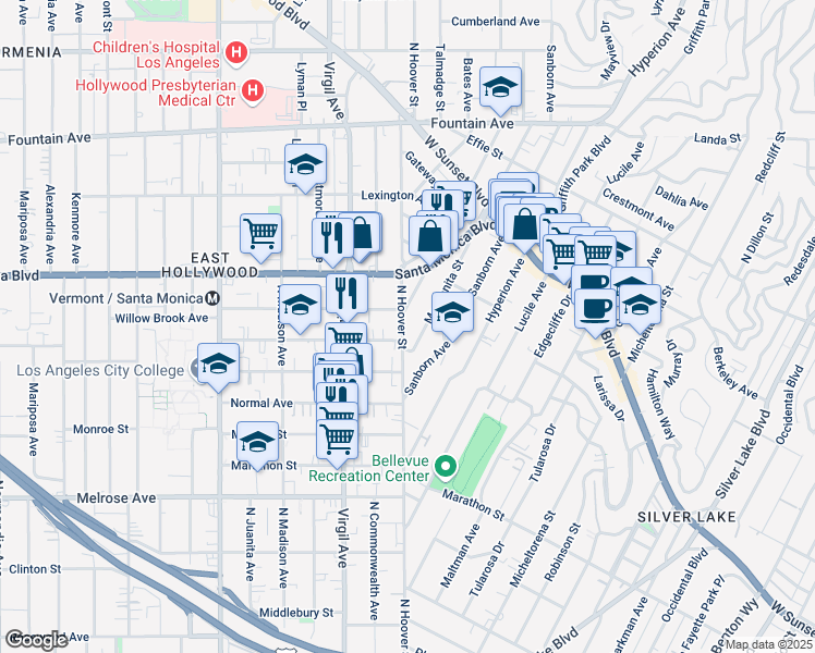 map of restaurants, bars, coffee shops, grocery stores, and more near 915 Manzanita Street in Los Angeles