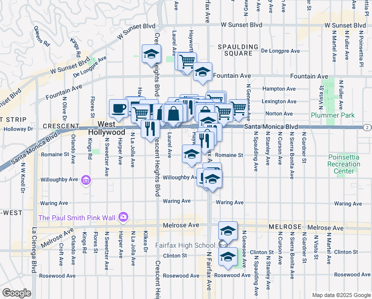 map of restaurants, bars, coffee shops, grocery stores, and more near 1010 North Edinburgh Avenue in West Hollywood