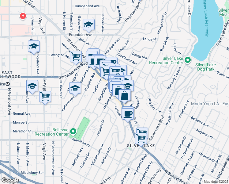 map of restaurants, bars, coffee shops, grocery stores, and more near 1430 Maltman Avenue in Los Angeles