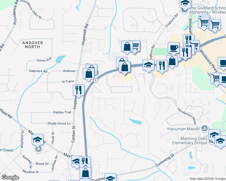 map of restaurants, bars, coffee shops, grocery stores, and more near 1050 Winthrope Chase Drive in Alpharetta