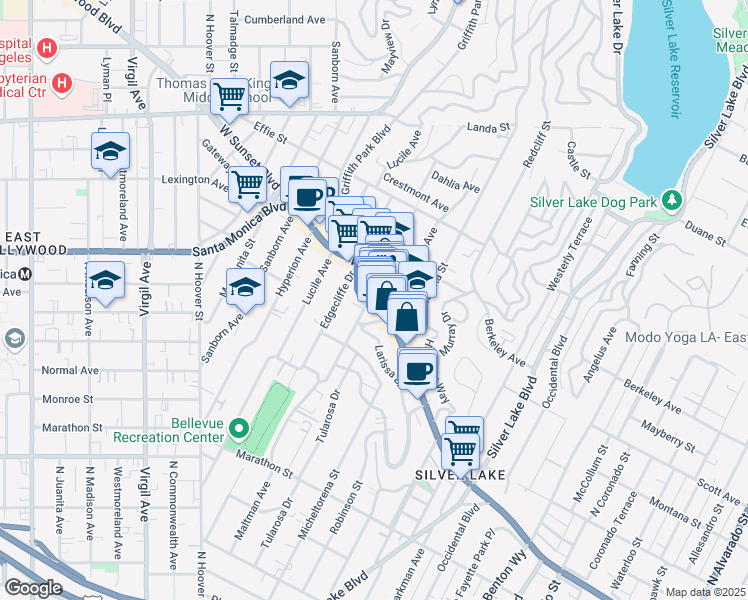 map of restaurants, bars, coffee shops, grocery stores, and more near 1430 Maltman Avenue in Los Angeles