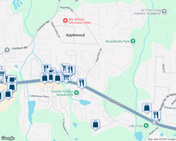 map of restaurants, bars, coffee shops, grocery stores, and more near 196 Cornerstone Place in Woodstock