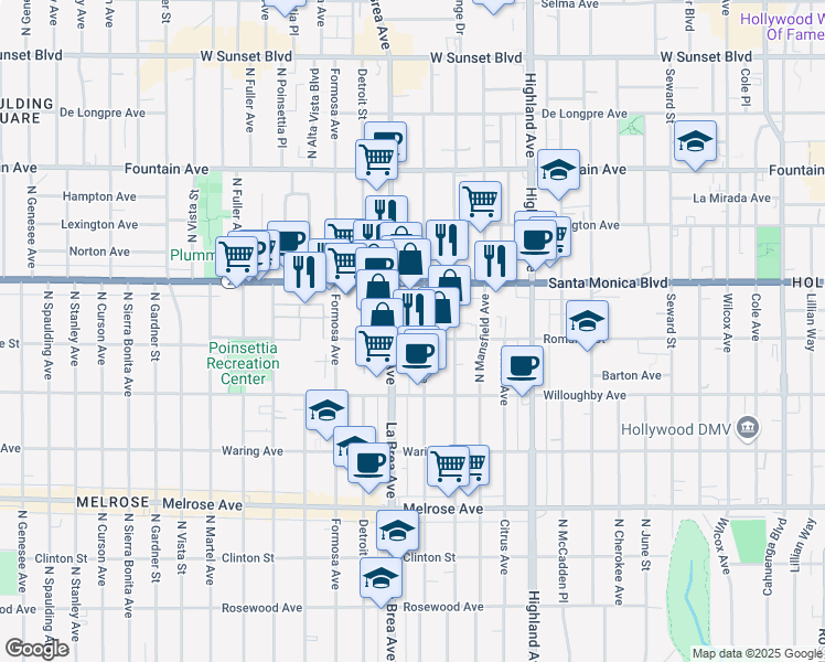 map of restaurants, bars, coffee shops, grocery stores, and more near 962 North La Brea Avenue in Los Angeles